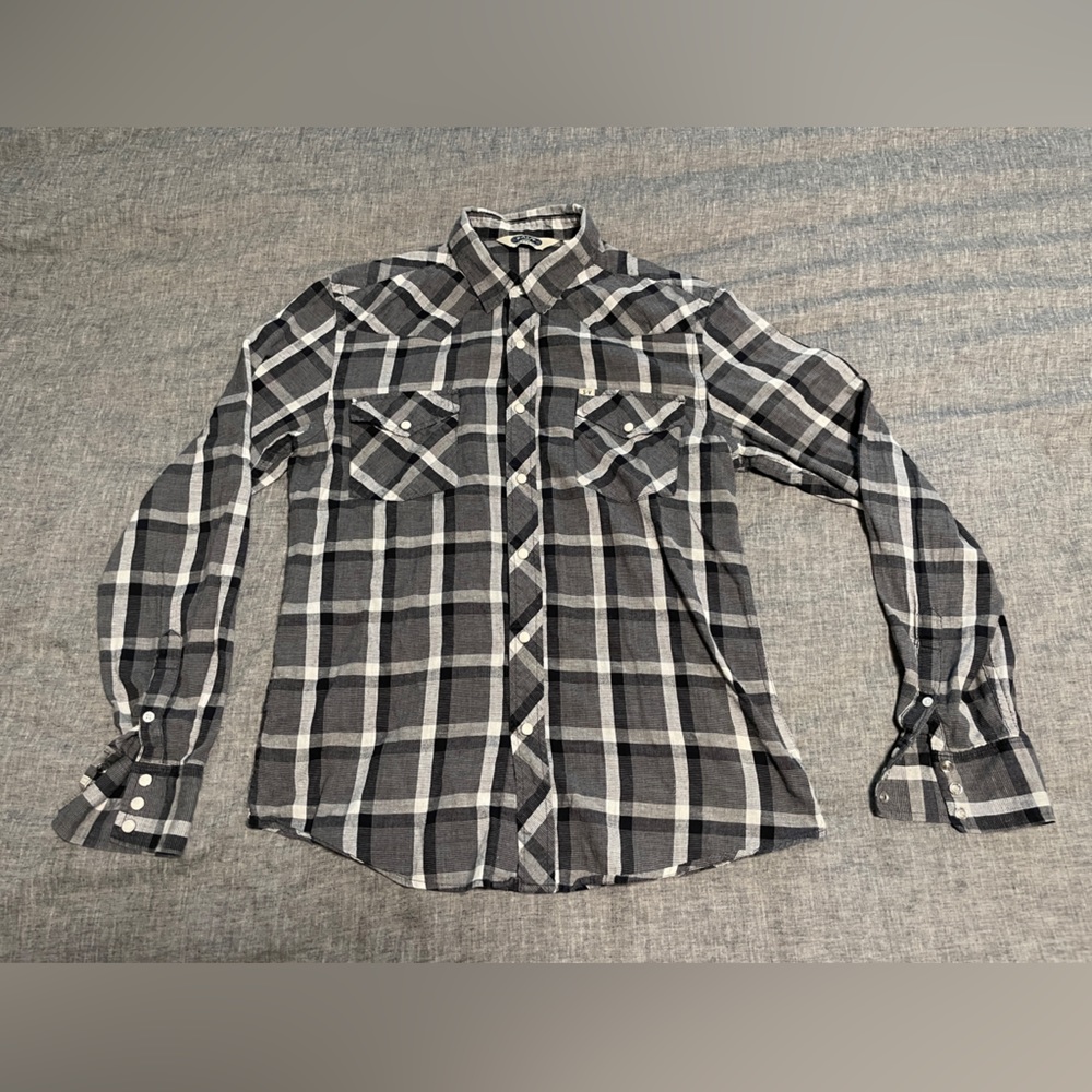 Salt Valley Western Pearl Snap Shirt Medium - Grey plaid